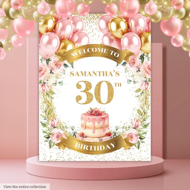 Tapete De Parede Bandeira de Aniversário Charmosa de 30 Anos em Ton (Charming 30th Birthday Blush Gold Birthday Banner)