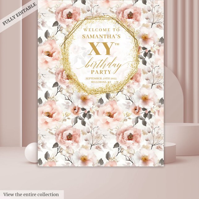 Tapete De Parede Bandeira de Aniversário com Poeira Glamourosa Rosa (Glamorous Dusty Pink Floral Birthday Party Banner Tapestry)