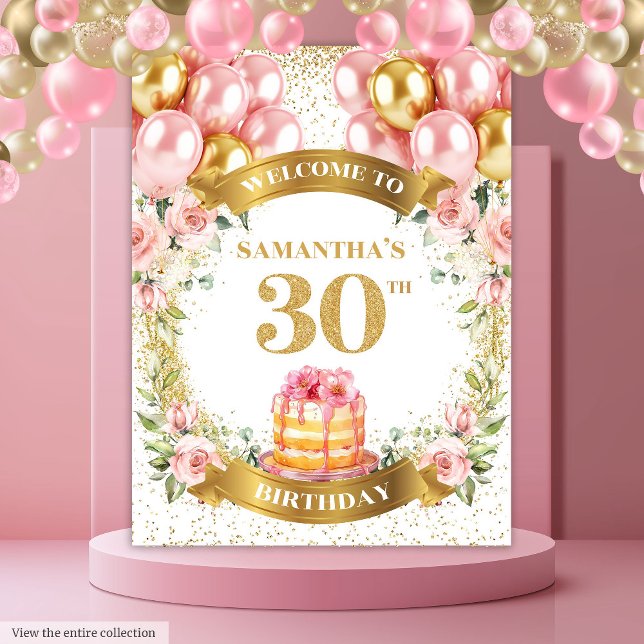 Tapete De Parede Bandeira de Aniversário de 30 Anos Elegante em Dou (Stylish 30th Birthday Blush Gold Birthday Banner)