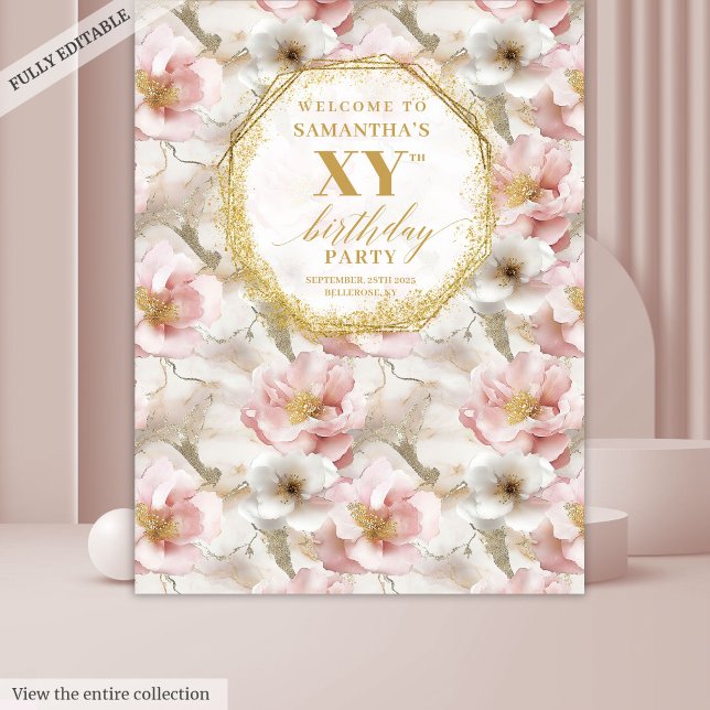 Tapete De Parede Bandeira de Celebração de Aniversário Floral Rosa  (Fabulous Blush Floral Birthday Celebration Banner Tapestry )