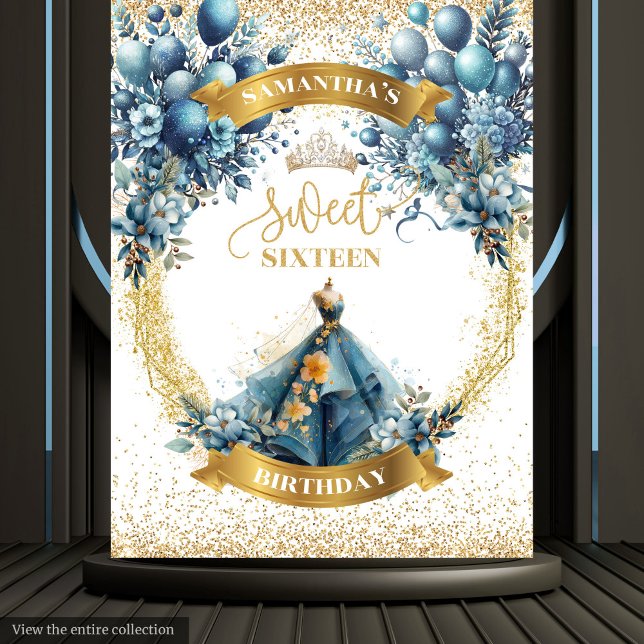 Tapete De Parede Bandeja de Partes de Aquarela Azul Dourada Sparkle (Blue Gold Sparkle Sweet 16 Watercolor Party Banner Tapestry)