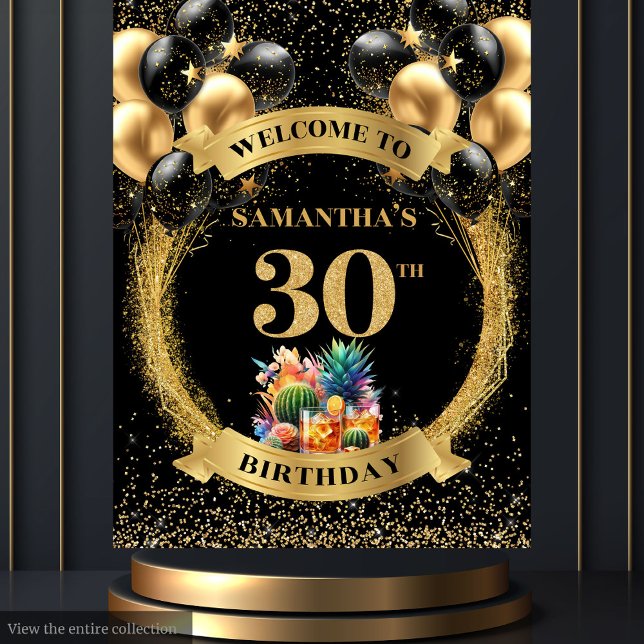 Tapete De Parede Banner Chic aniversário de 30 anos Whiskey Black D (Chic 30th Birthday Whiskey Black Gold Party Banner Tapestry)