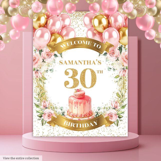 Tapete De Parede Banner de aniversário Dourado do aniversário de 30 (Fancy 30th Birthday Blush Gold Birthday Banner)