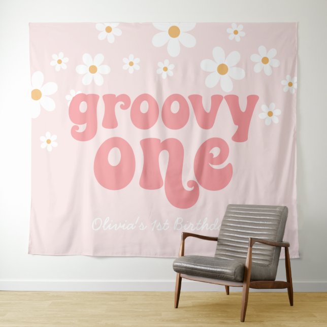 Tapete De Parede Banner de Aniversário Groovy One Retro Daisy Rosa (In Situ (Horizontal))