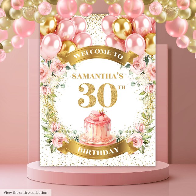 Tapete De Parede Banner de Celebração Dourada com aniversário de 30 (Lovely 30th Birthday Blush Gold Celebration Banner)