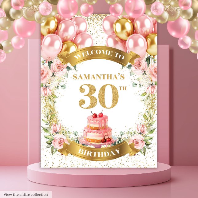 Tapete De Parede Banner de Dourado aniversário de 30 anos Blush Ado (Adorable 30th Birthday Blush Gold Party Banner)