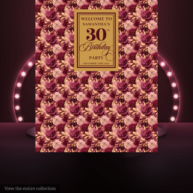 Tapete De Parede Banner de Festa de aniversário Dourada 30 Blush Ch (Chic Burgundy Blush Gold 30 Birthday Party Banner Tapestry)