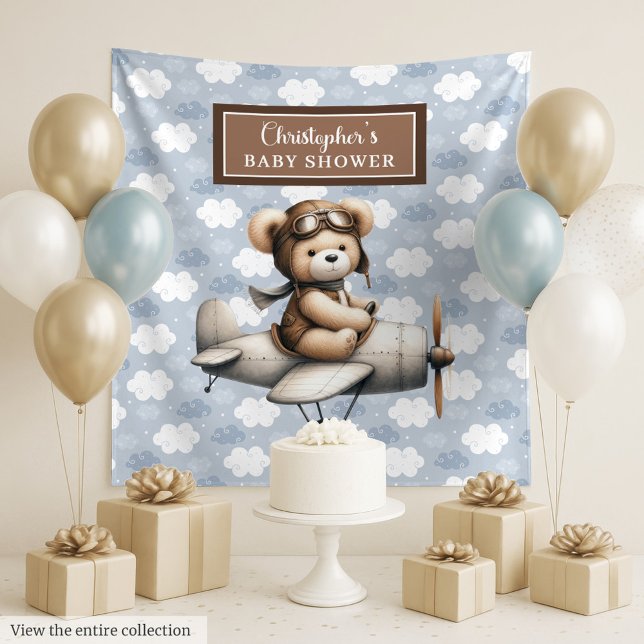 Tapete De Parede Banner de foto para chá de bebê com urso piloto al (Joyful teddy bear pilot baby shower photo banner Tapestry)