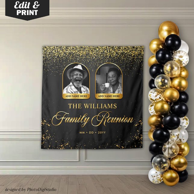 Tapete De Parede Banner de Reunião Personalizada da Família, 2 Foto (Custom Family Reunion Banner, 2 Photo Black Gold Tapestry)