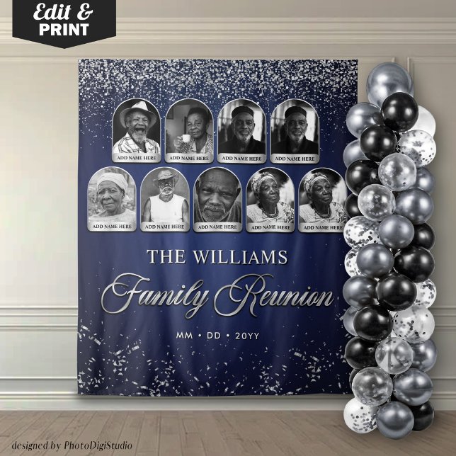 Tapete De Parede Banner de Reunião Personalizada da Família, Prata  (Custom Family Reunion Banner, 9 Photo Blue Silver Tapestry)