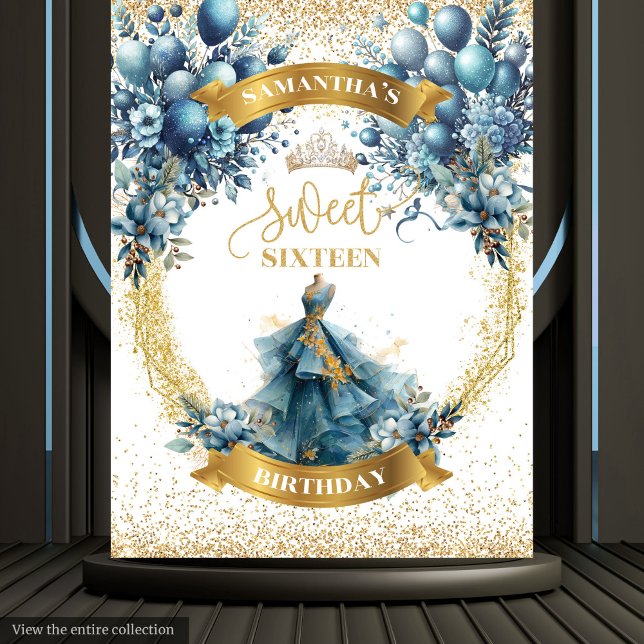 Tapete De Parede Banner de vestimenta Dourado azul elegante doce 16 (Blue Gold Watercolor Elegant Sweet 16 Dress Banner)