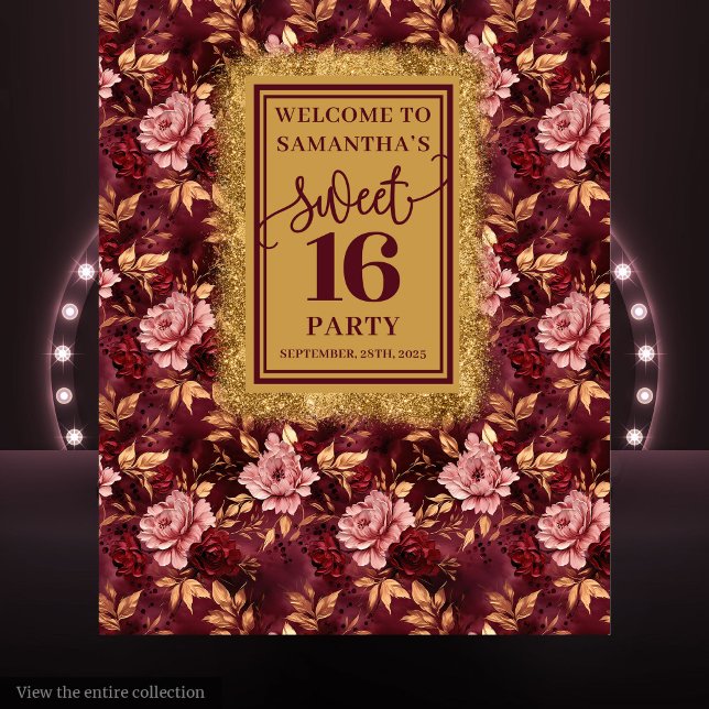Tapete De Parede Banner Dourado brilhante 16 Blush Burgundy (Stunning Sweet 16 Blush Burgundy Gold Banner)