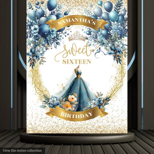 Tapete De Parede Banner Dourado de Aquarela de Vestido Azul 16 (Blue Dress Sweet 16 Gold Glitter Watercolor Banner Tapestry)