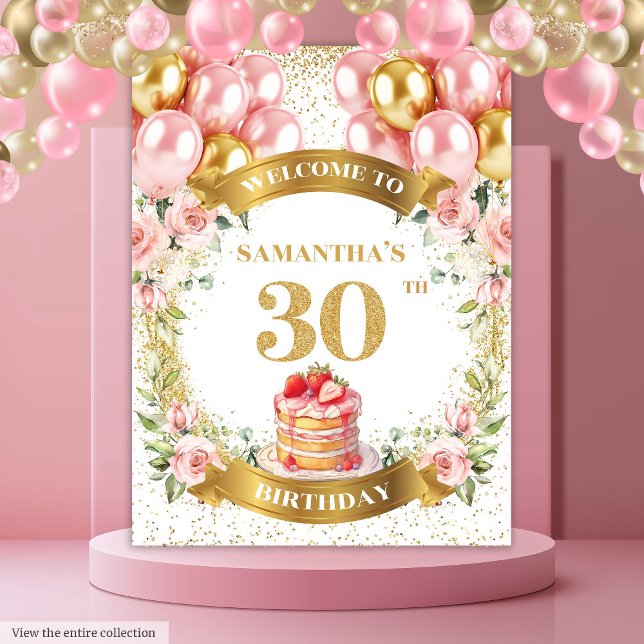 Tapete De Parede Banner Dourado do aniversário de 30 anos Blush cha (Charming 30th Birthday Blush Gold Banner)