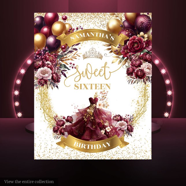 Tapete De Parede Banner Dourado Doce Dezesseis com Balões (Burgundy Gold Sweet Sixteen Banner with Balloons)