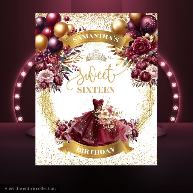 Tapete De Parede Banner Dourado Sweet 16 Burgundy com Balão Glitter (Burgundy Gold Sweet 16 Banner with Glitter Balloons)