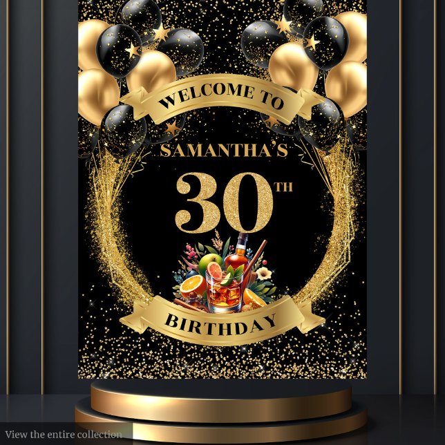 Tapete De Parede Banner Whiskey aniversário de 30 anos na moda (Stylish 30th Birthday Cocktail Whiskey Banner)