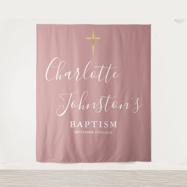 Tapete De Parede Baptism Christening Dusty Rose Pink Photo Backdrop (Frente)