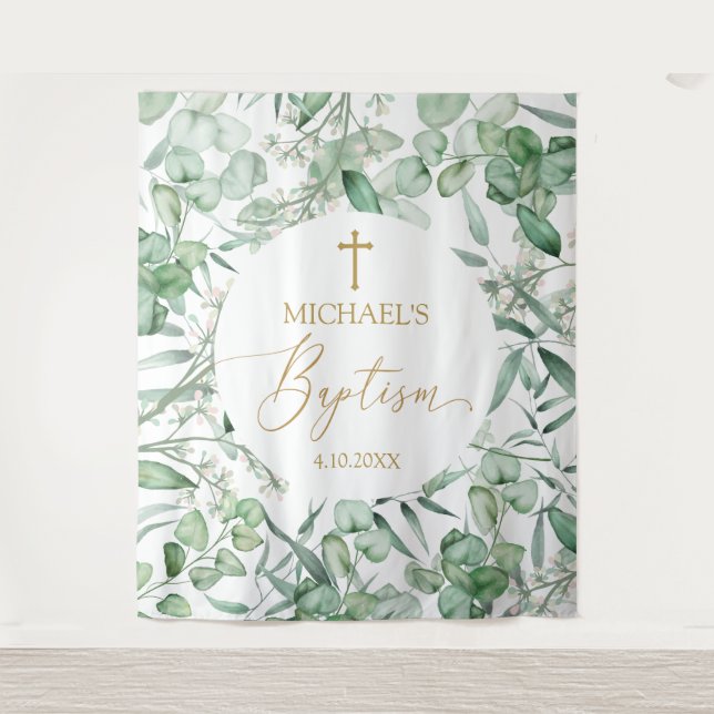 Tapete De Parede Baptism Eucalyptus greenery backdrop banner (Frente)