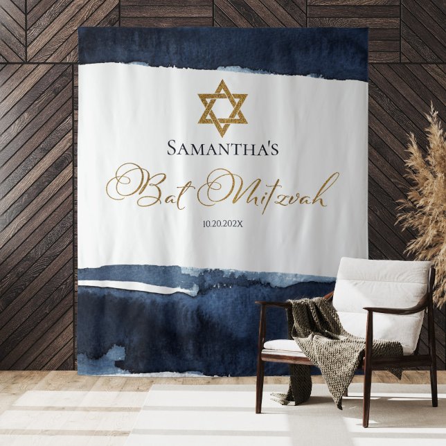 Tapete De Parede Bat Mitzvah Backdrop | Abstrato de Aquarela Azul (Criador carregado)