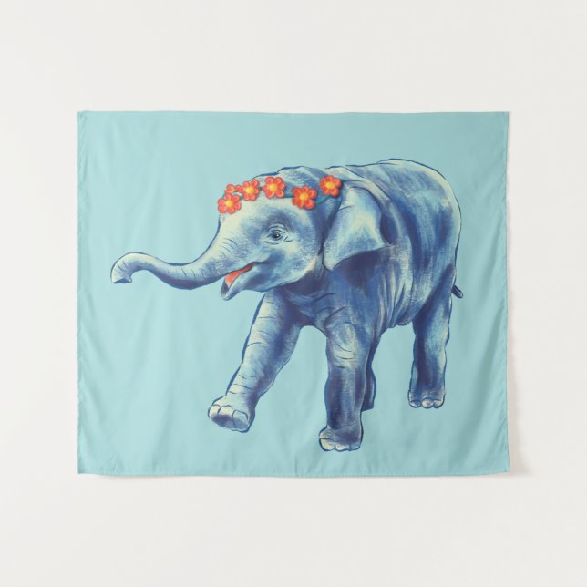 Tapete De Parede Bebê Elefante Azul Meninas Bonitas (Frente (Horizontal))