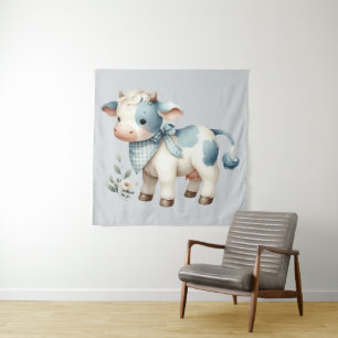 Tapete De Parede Bebê Vaca Xadrez Azul Estética Pastel Fazenda