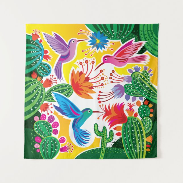 Tapete De Parede Beija-flores e Cactos em Flor (Frente)