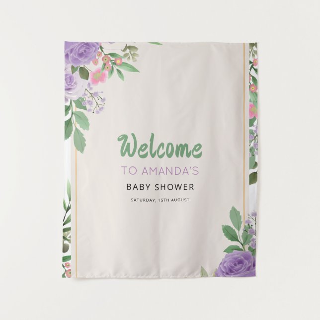 Tapete De Parede Beijos de Borboleta Flores Roxas Chá de Bebê (Frente)