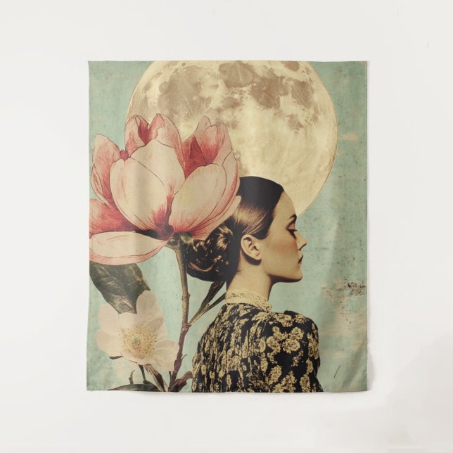 Tapete De Parede Bela Lua - Mulher com Flor Rosa e Lua (Frente)