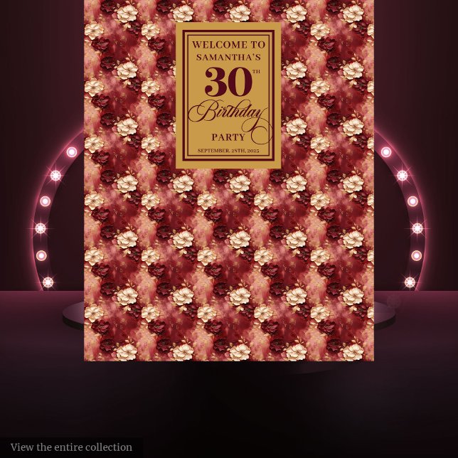 Tapete De Parede Belo Blush Burgundy Dourado Banner de aniversário  (Beautiful Blush Burgundy Gold 30th Birthday Backdrop)