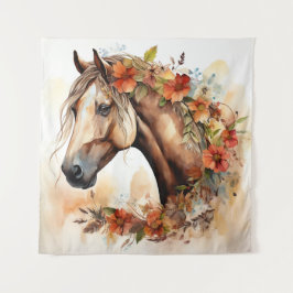 Tapete De Parede Belo Cavalo com Bonito Flor Aquarela