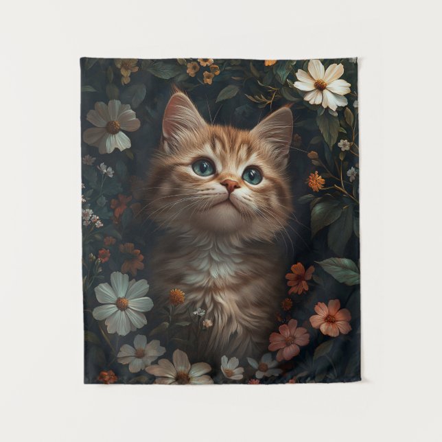 Tapete De Parede Belo Orange Kitten com flores selvagens (Frente)