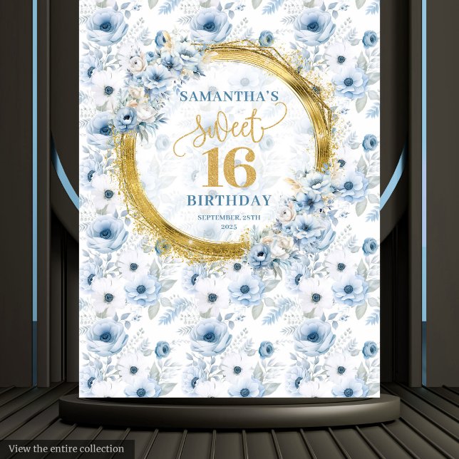 Tapete De Parede Belo Pastel Blue Sweet 16 Dourado Festa de Literat (Beautiful Pastel Blue Sweet 16 Gold Glitter Party Tapestry )