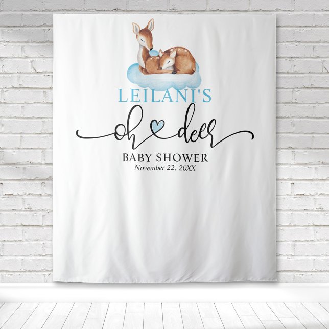 Tapete De Parede Bem-vindo, Oh Deer, Chá de Bebê Nuvem Azul (Oh deer baby shower with a deer and fawn on a blue cloud with hand lettered typography.)