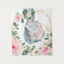 Tapete De Parede Berçário de Bebê Elefante Floral em Dourado Rosa