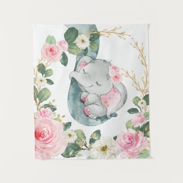 Tapete De Parede Berçário de Bebê Elefante Floral Verde Dourado Ros (Frente)