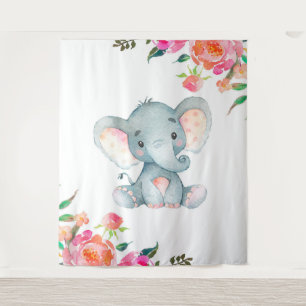 Tapete De Parede Berçário de Elefante Floral Rosa