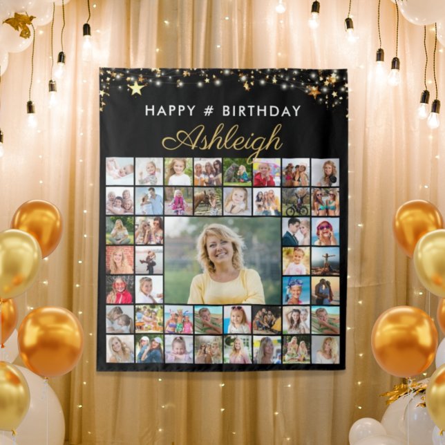 Tapete De Parede Birthday 45 Photo Collage Black Gold Stars Script (Criador carregado)