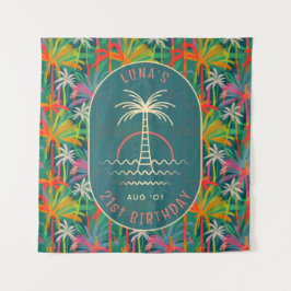 Tapete De Parede Birthday Beach party palm Tree sunset Watercolor