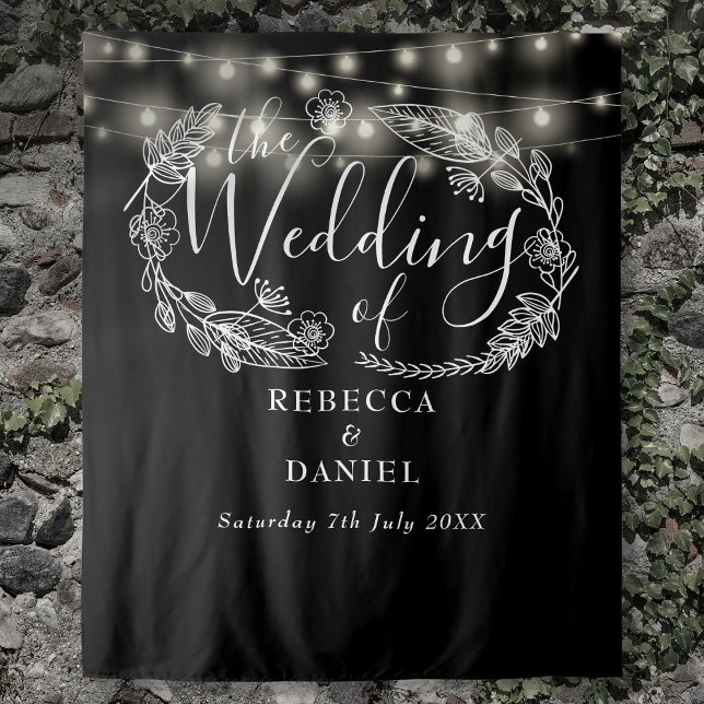 Tapete De Parede Black And White String Lights Invocação De Casamen (Black And White String Lights Wedding Backdrop)