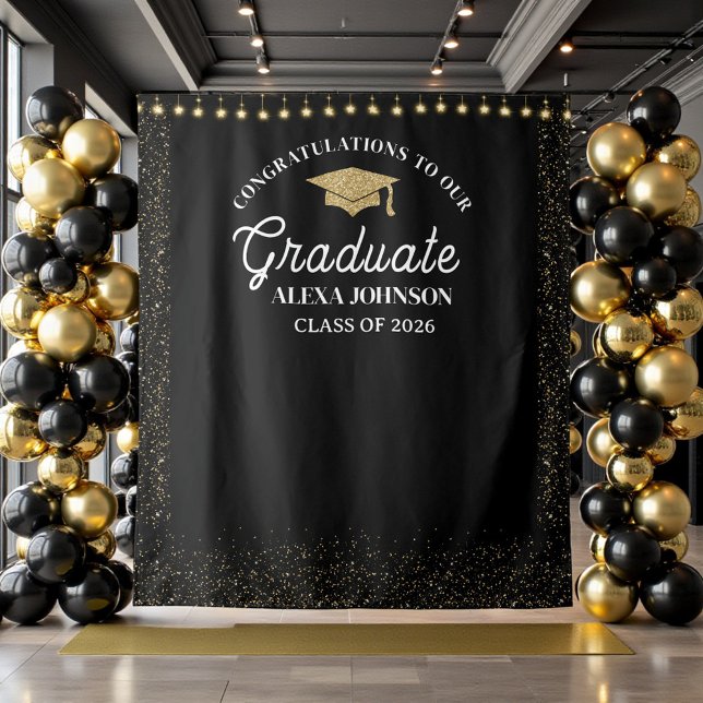Tapete De Parede Black & Gold Class Of 2026 Graduation Backdrop (Criador carregado)