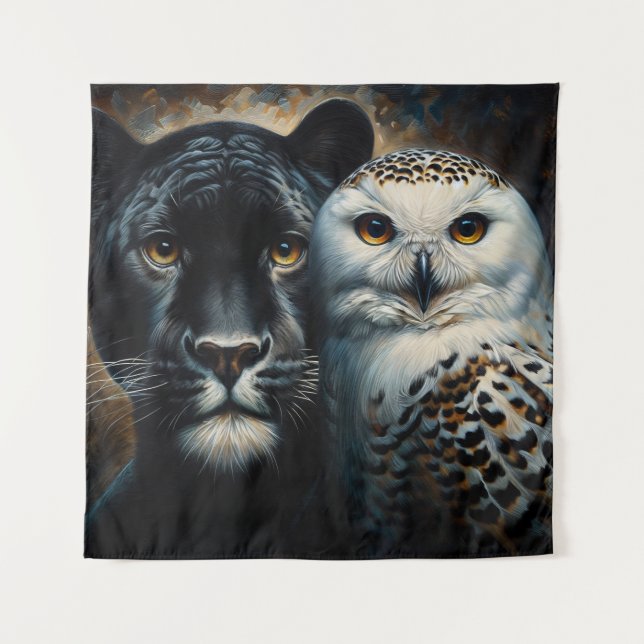 Tapete De Parede Black Jaguar and Snowy Owl Painting (Frente)