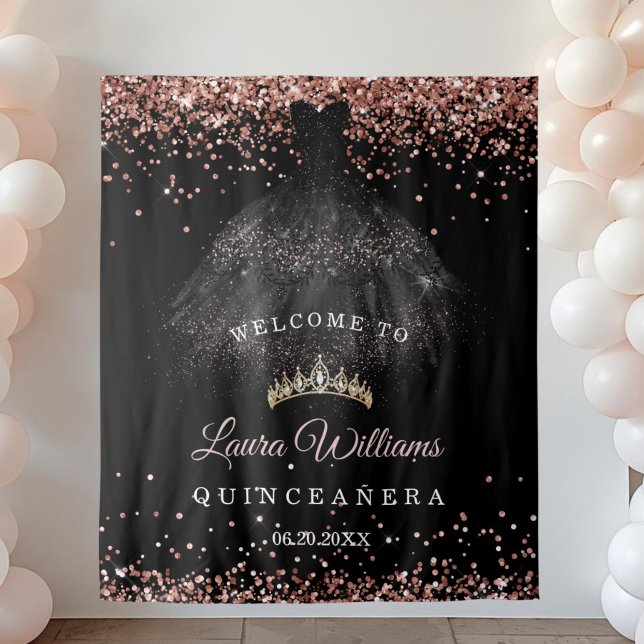 Tapete De Parede Black & Rose Gold Quinceañera Birthday Backdrop (Reose Gold glitter quinceañera  birthday party backdrop)