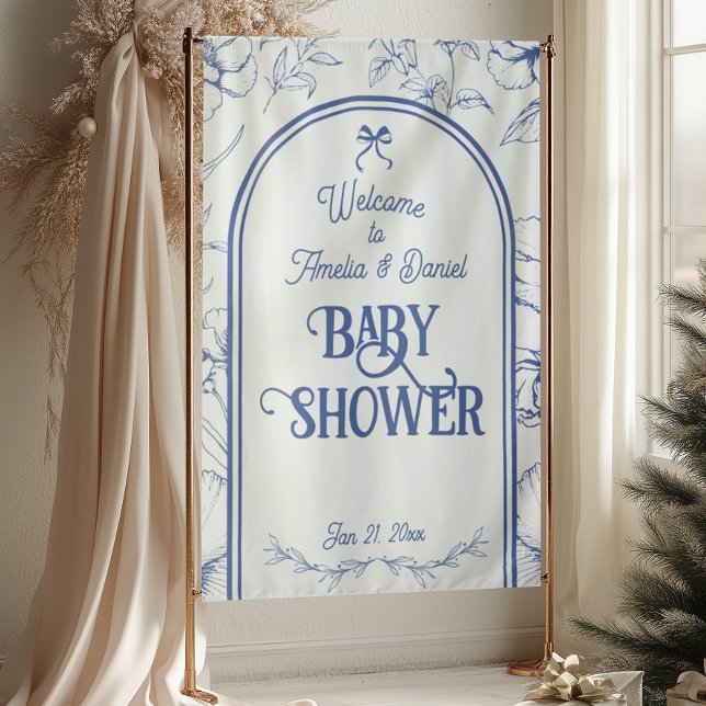 Tapete De Parede Blue Floral Ornament Classic Neutral Welcome (Criador carregado)