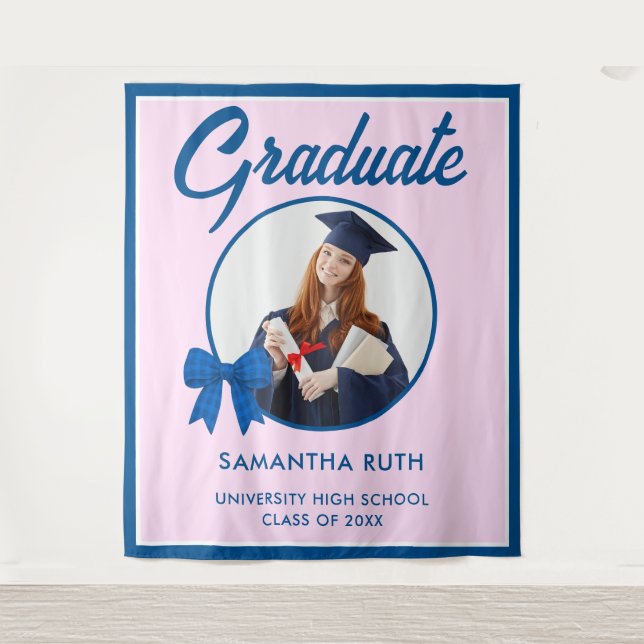 Tapete De Parede Blue Gingham Bow Photo Graduation Backdrop (Frente)