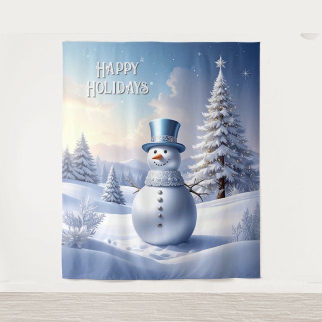 Tapete De Parede Blue Hat Snowman Holiday Backdrop (Frente)