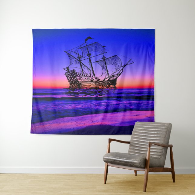 Tapete De Parede Blue Ocean Beach com Sunset View - Magic Boat (In Situ (Horizontal))