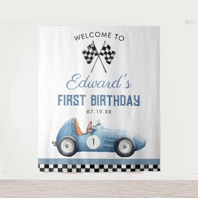 Tapete De Parede Blue Race Car 1st Birthday Photo Backdrop (Frente)