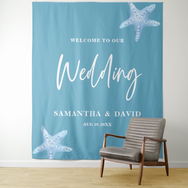 Tapete De Parede Blue Sea Wedding Welcome Sign Backdrop (In Situ)