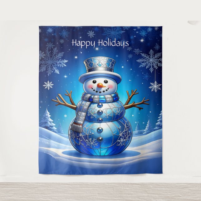 Tapete De Parede Blue Snowman Snowflakes Holiday Backdrop (Frente)